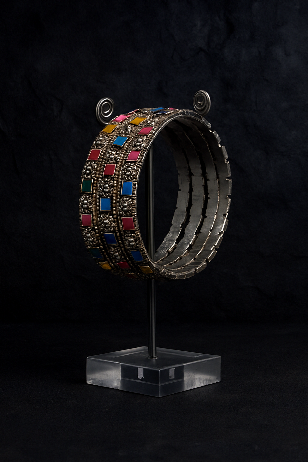 Multi Colour Square Stone  Bangles Silver Set B-01