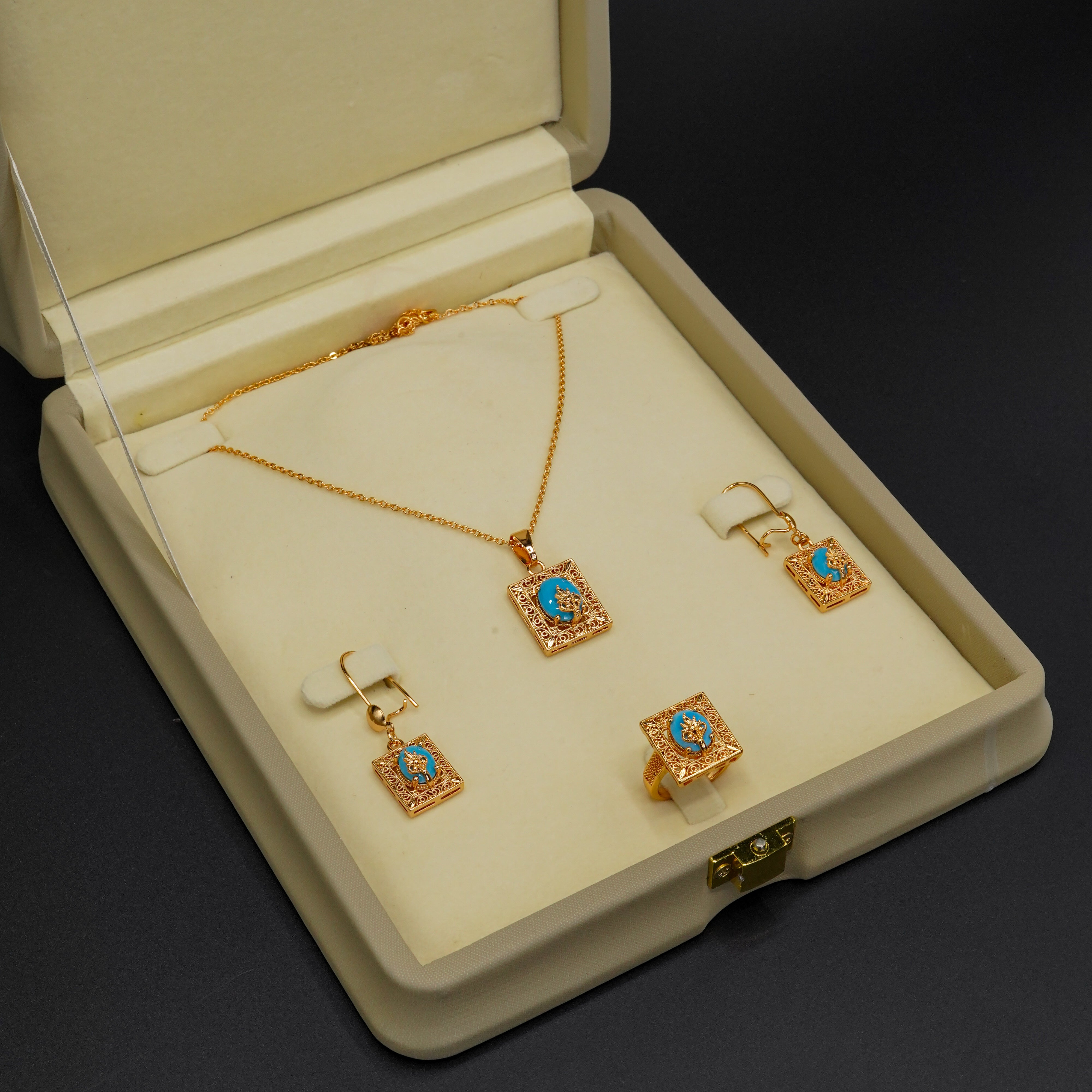 Golden Stone Pendant with Earrings and Ring Set LS-18