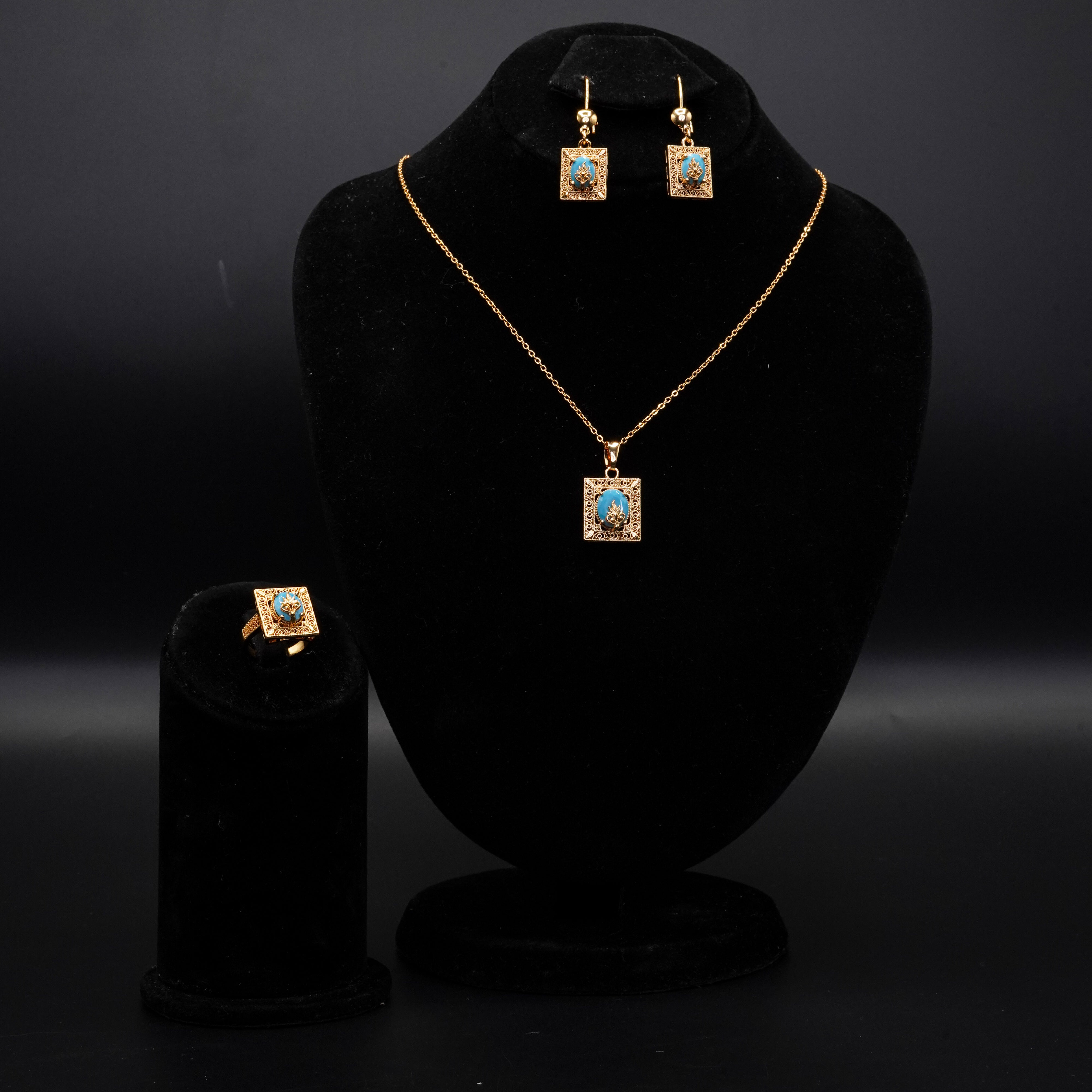Golden Stone Pendant with Earrings and Ring Set LS-18