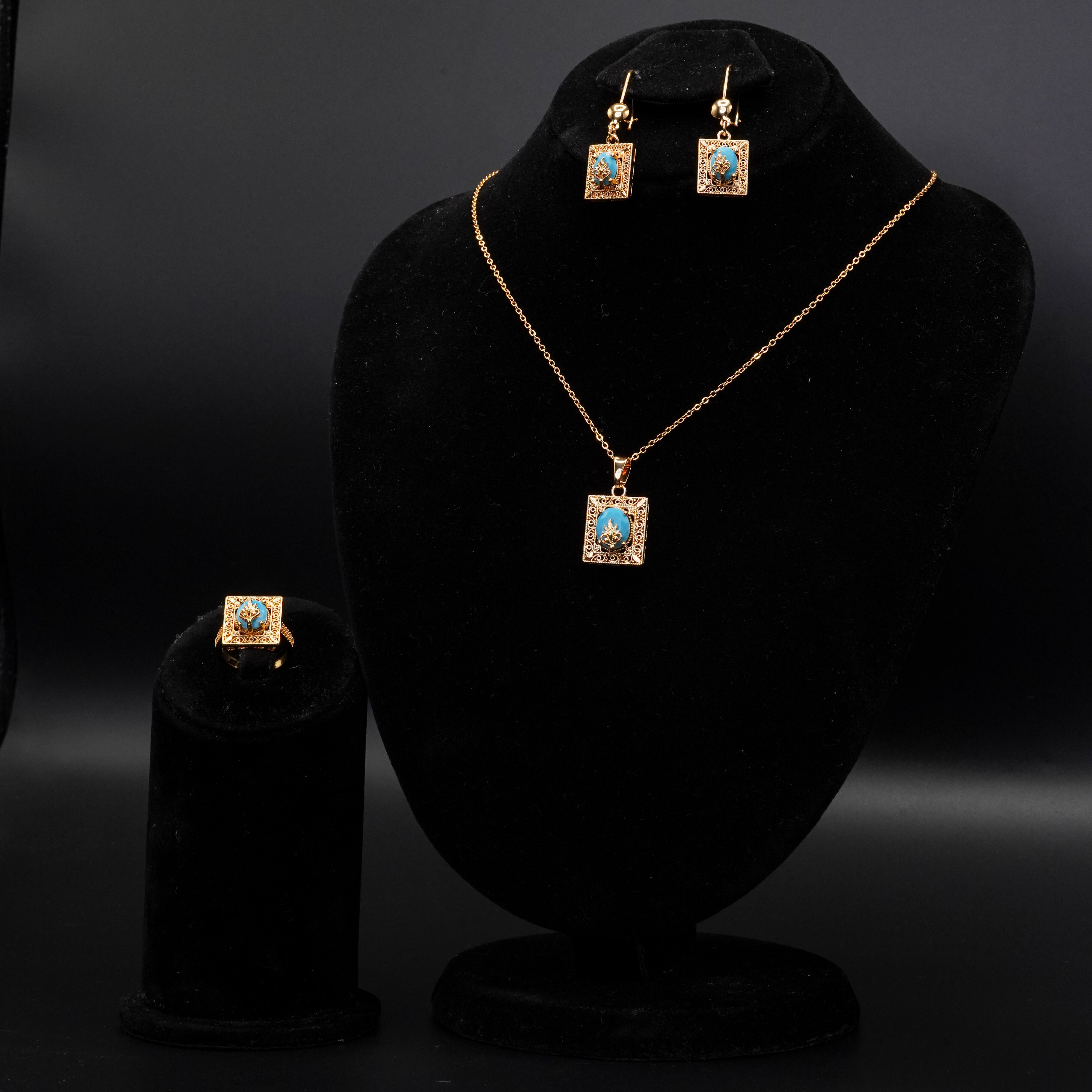 Golden Stone Pendant with Earrings and Ring Set LS-18