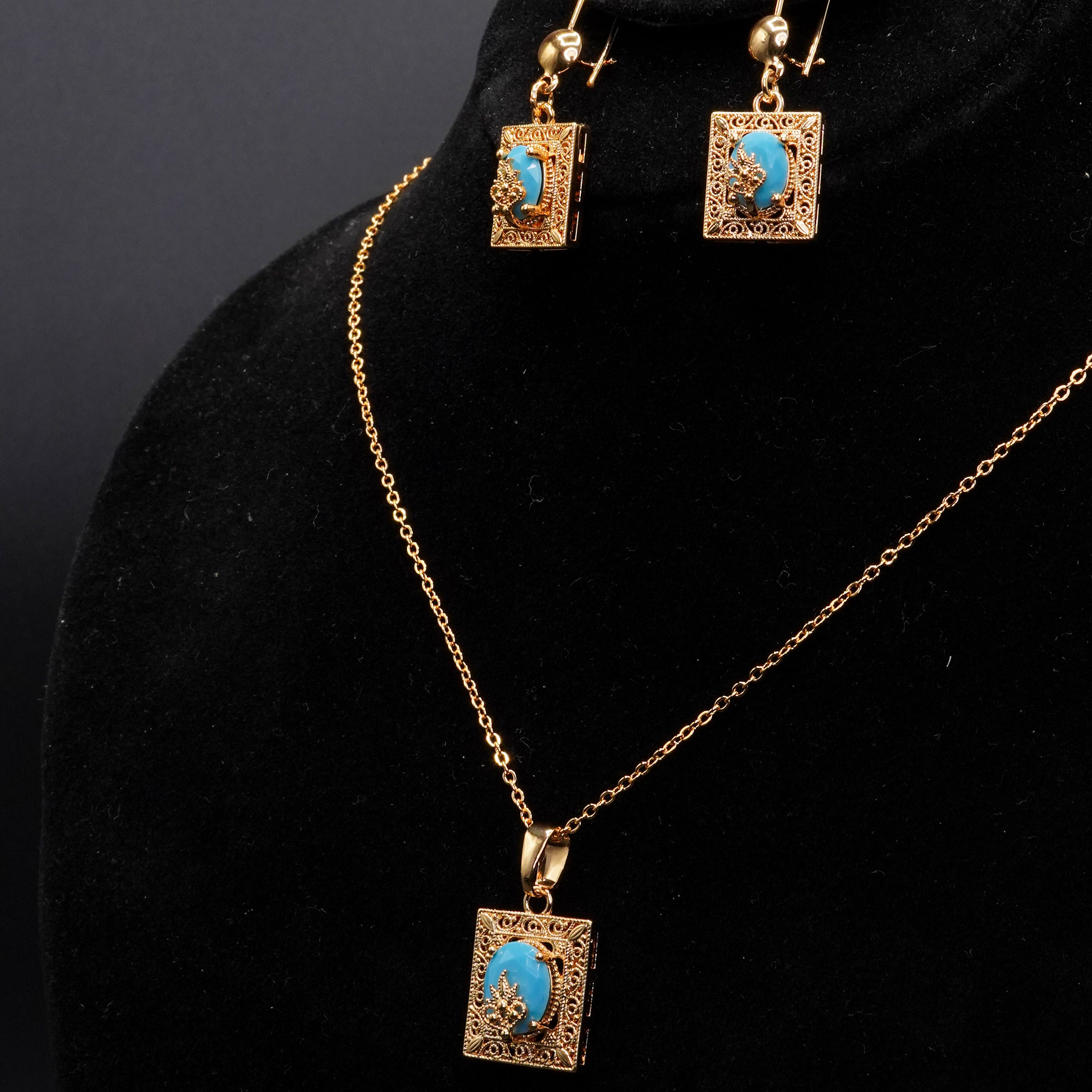 Golden Stone Pendant with Earrings and Ring Set LS-18