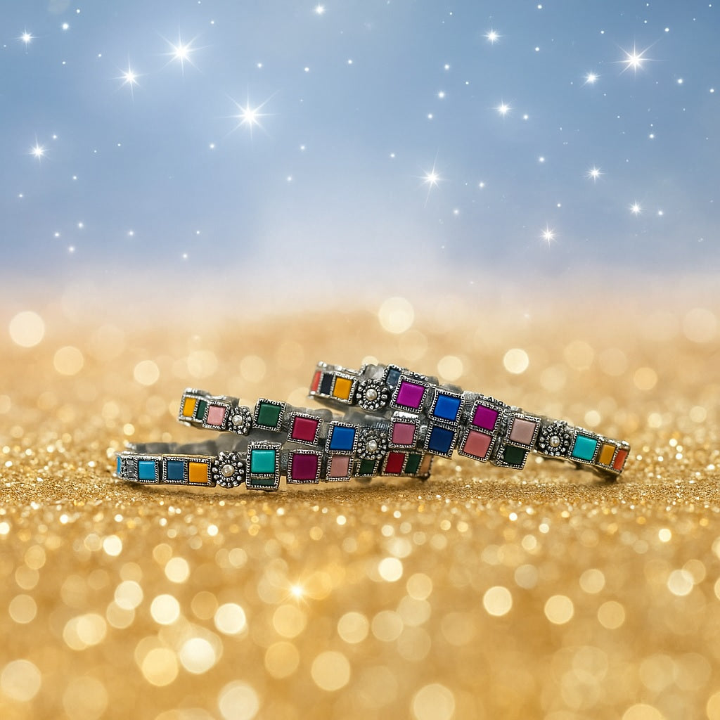 Multi Colour Square Stone  Bangles Silver Set B-01