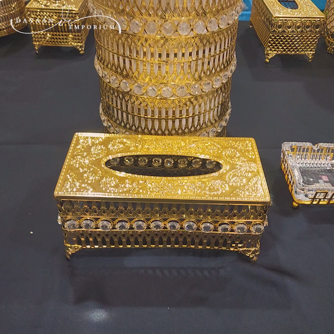 Gold Fancy Plated Dustbin and Tissue Crystal Box Set CH 15